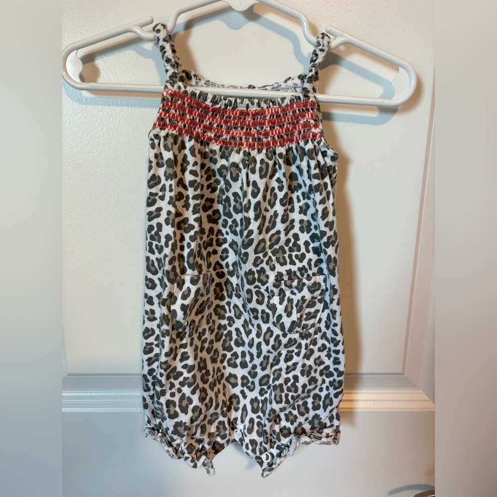 Leopard Print Romper with Red Smocked Detail